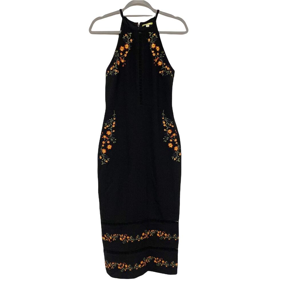 Gianni Bini Womens Size S Black Floral Embroidered Cutout Detail Midi Dress